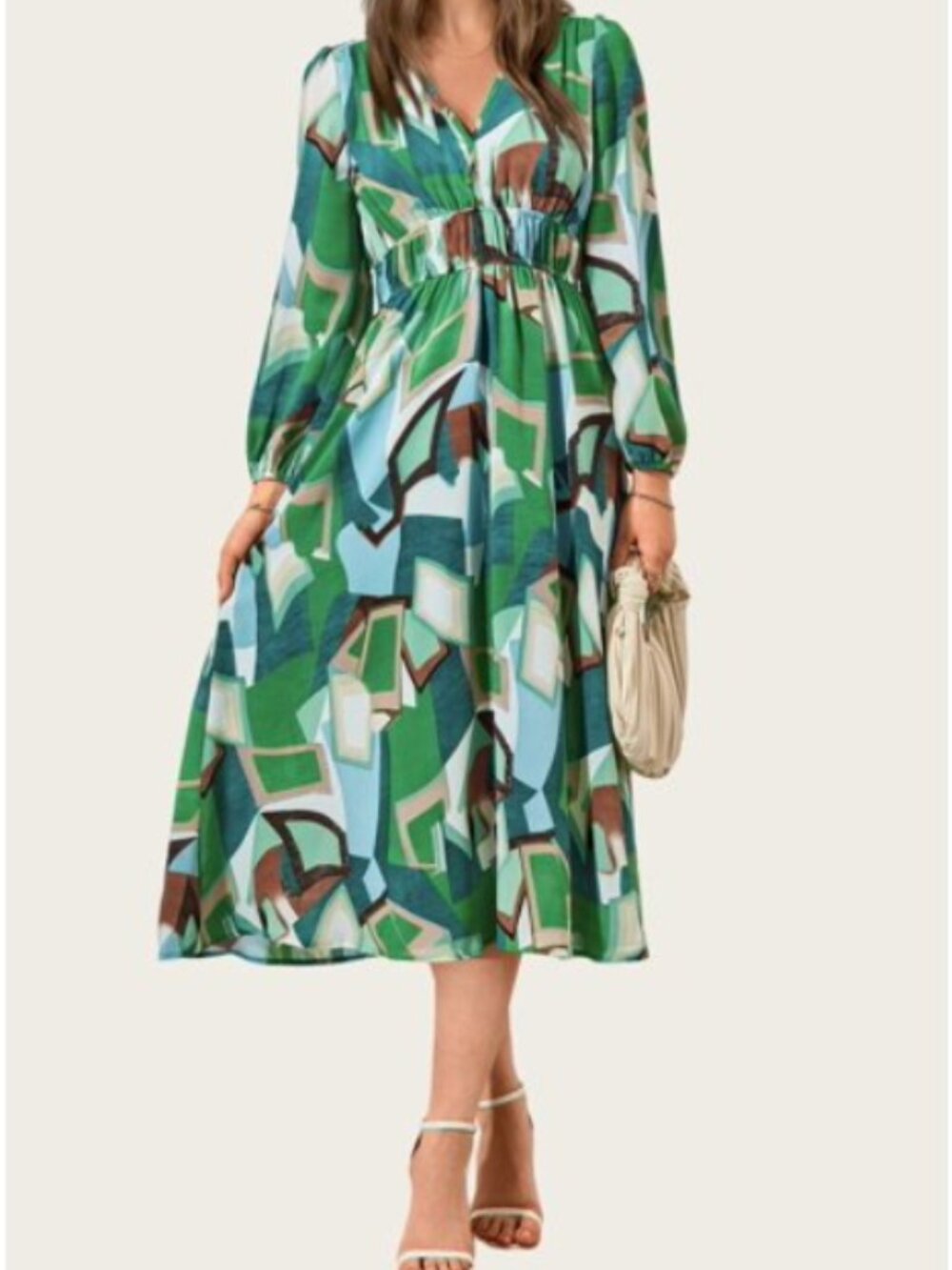 Pretty Garden Green Geometric Print Long Sleeve Midi Dress, Large